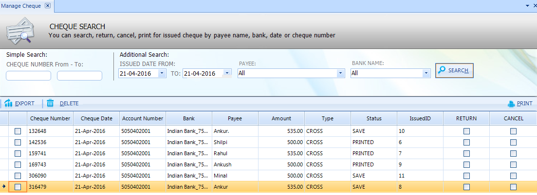 Manage Cheque