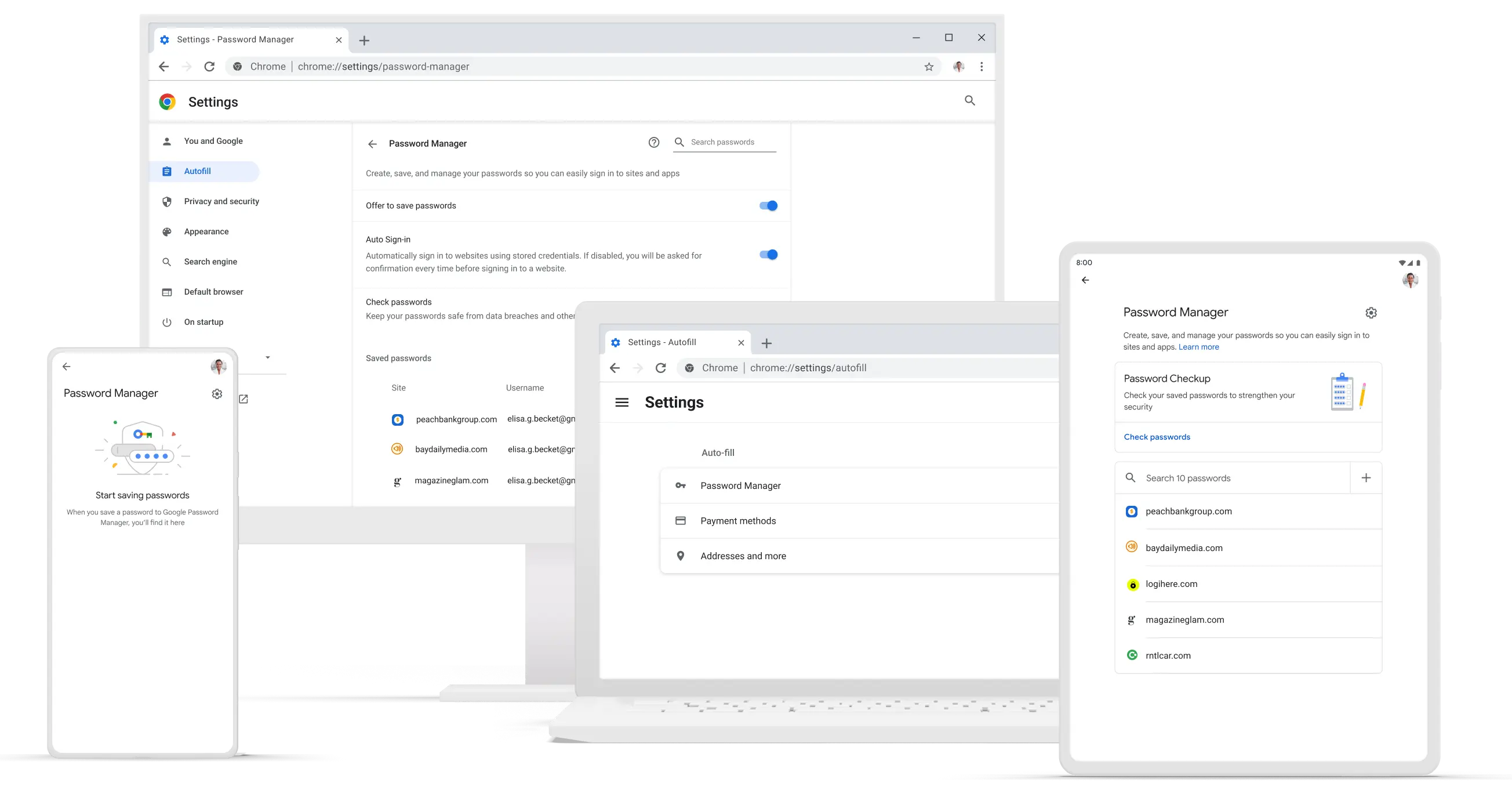 A laptop, a desktop computer, a tablet, and a mobile device show different Password Manager screens