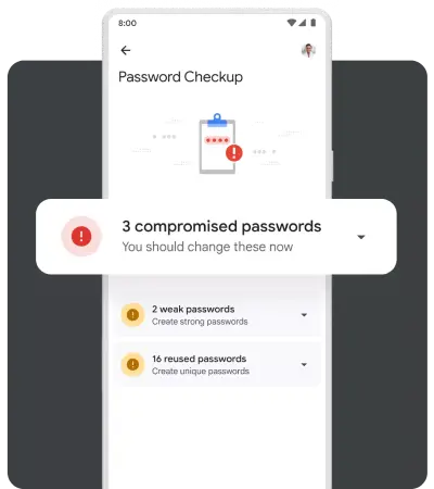 A mobile pop-up shows the user that they have online accounts with compromised passwords