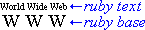 左側の下側には、'WWW' と読める大きい文字が3個ある。その上側には、それより小さい文字で 'World Wide Web' というテキストがある。右側には、矢印2本と、'ruby base' (下側), 'ruby text' (上側) というテキストとがある。