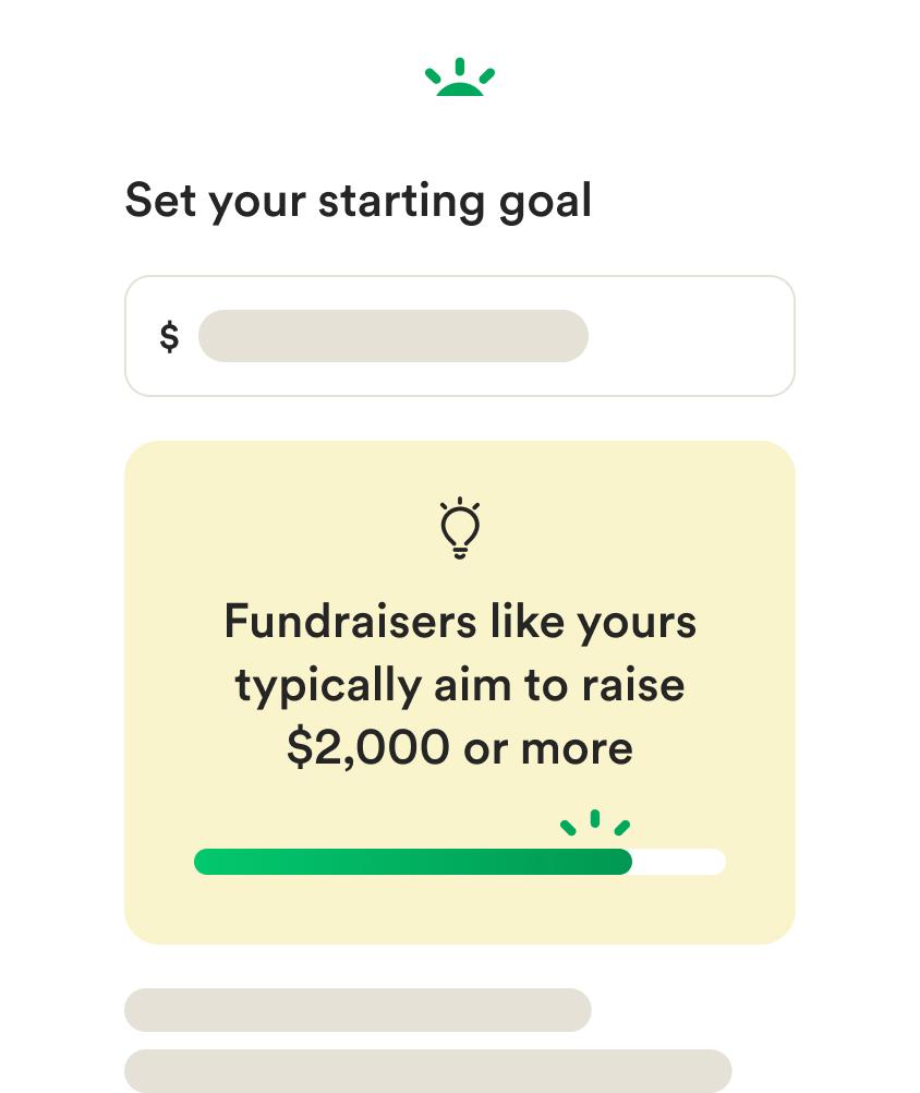 Wireframe mobile UI for creating a fundraiser and setting a monetary goal