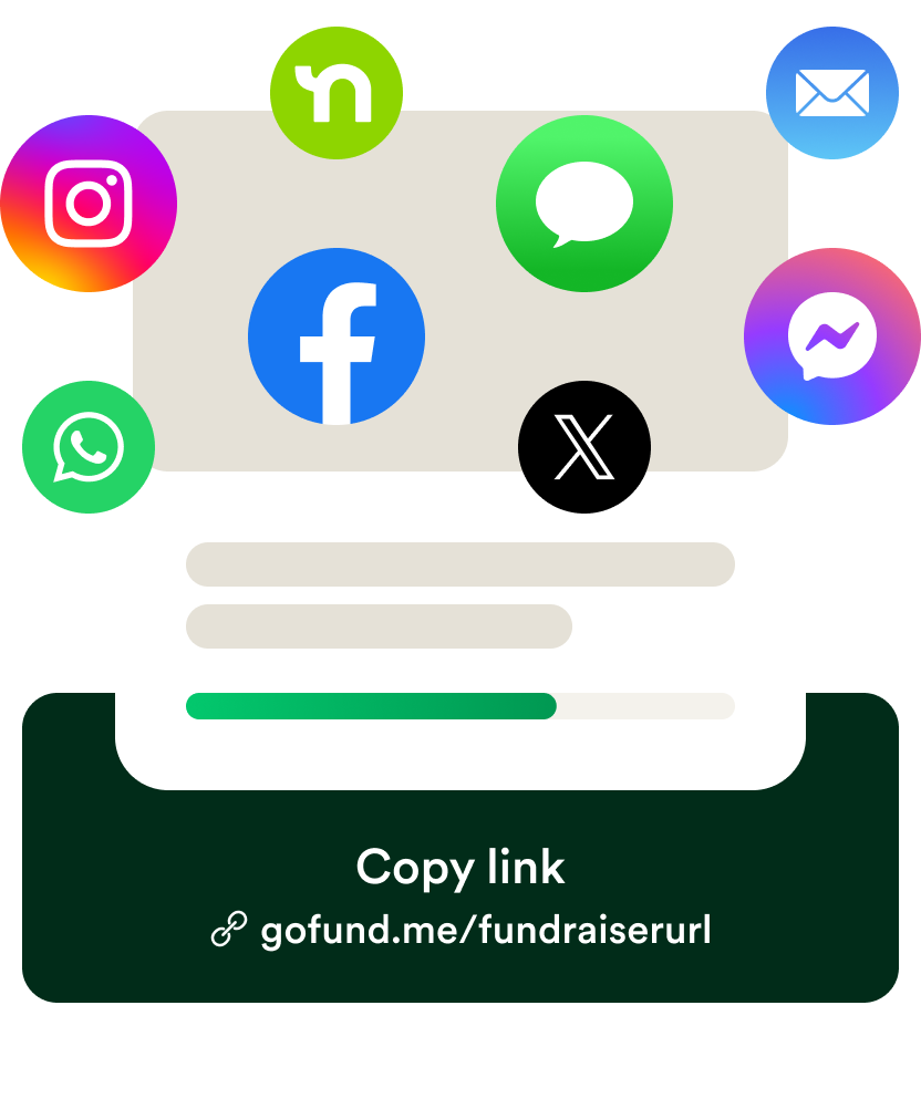 Wireframe mobile UI for sharing a fundraiser link to social networks