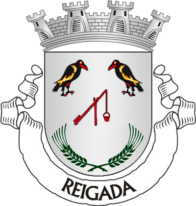 Escudo de prata, picanço de vermelho entre dois corvos de negro, realçados de ouro e animados de vermelho, o da dextra volvido, em chefe, e duas espigas de trigo de verde, com os pés passados em aspa, em campanha. Coroa mural de prata de quatro torres. Listel branco, com a legenda a negro: «REIGADA».