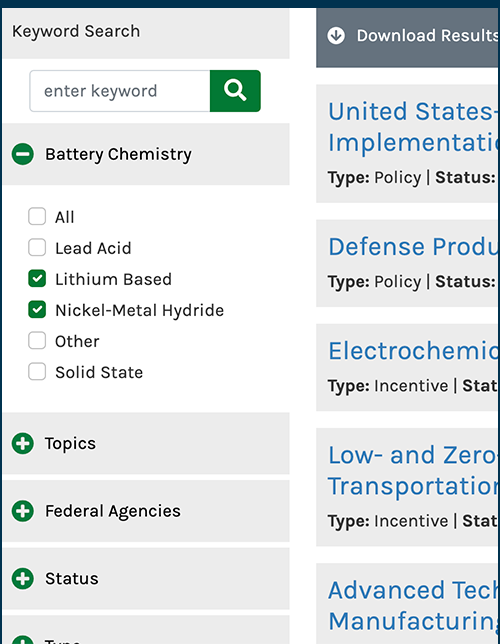 Screenshot of the battery policies and incentives tool