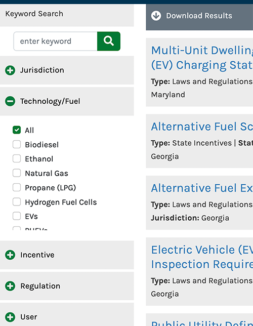 Screenshot of the laws and incentives tool