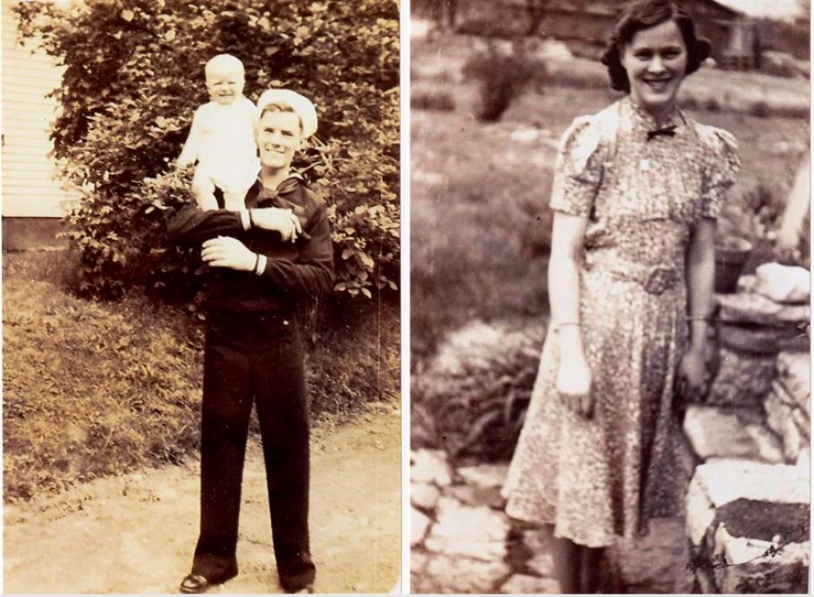 Two images side by side. On the left, a man in uniform in standing holding a baby on his shoulder. on the right, a woman stands and poses for a picture.