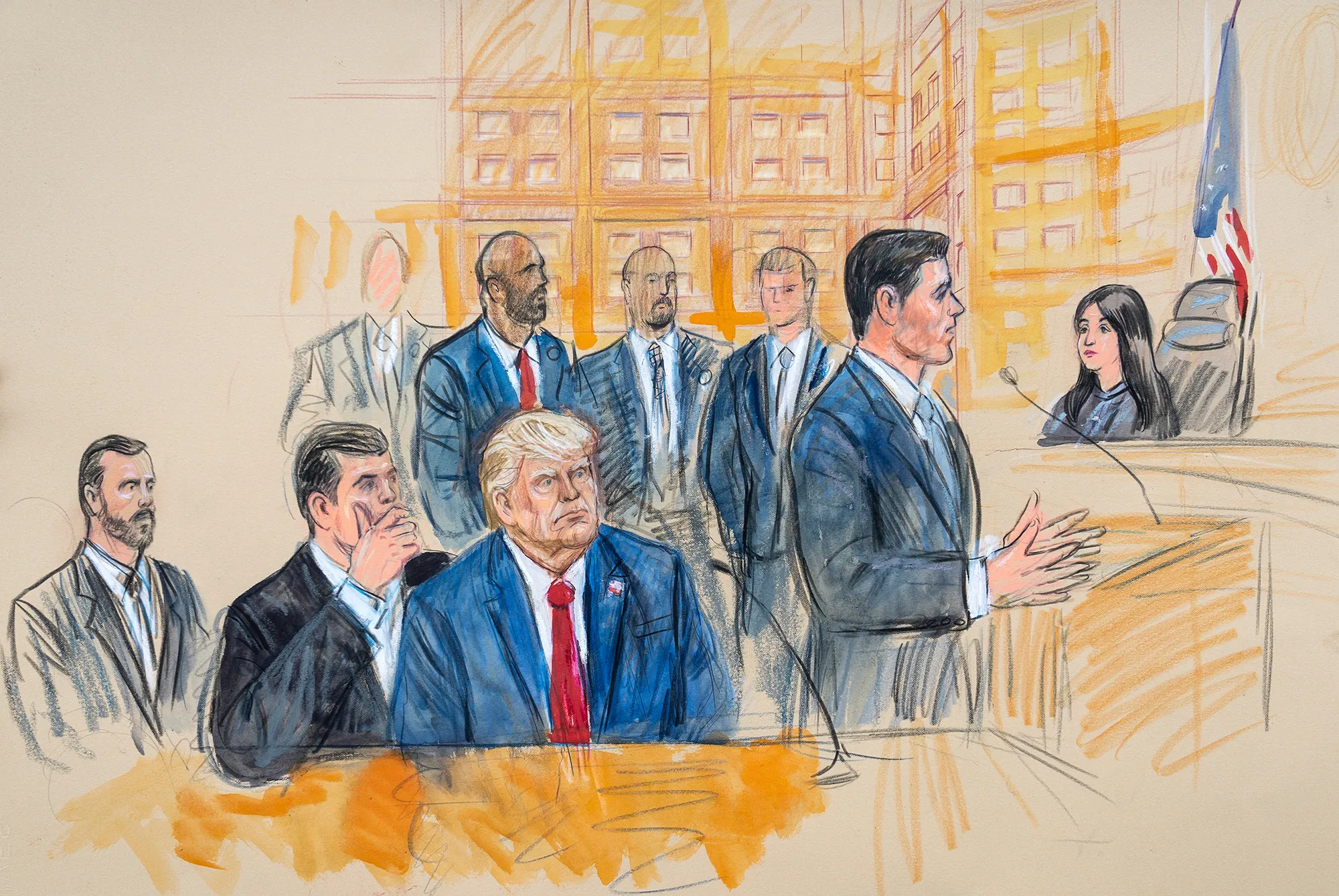 A courtroom sketch of former President Donald Trump.