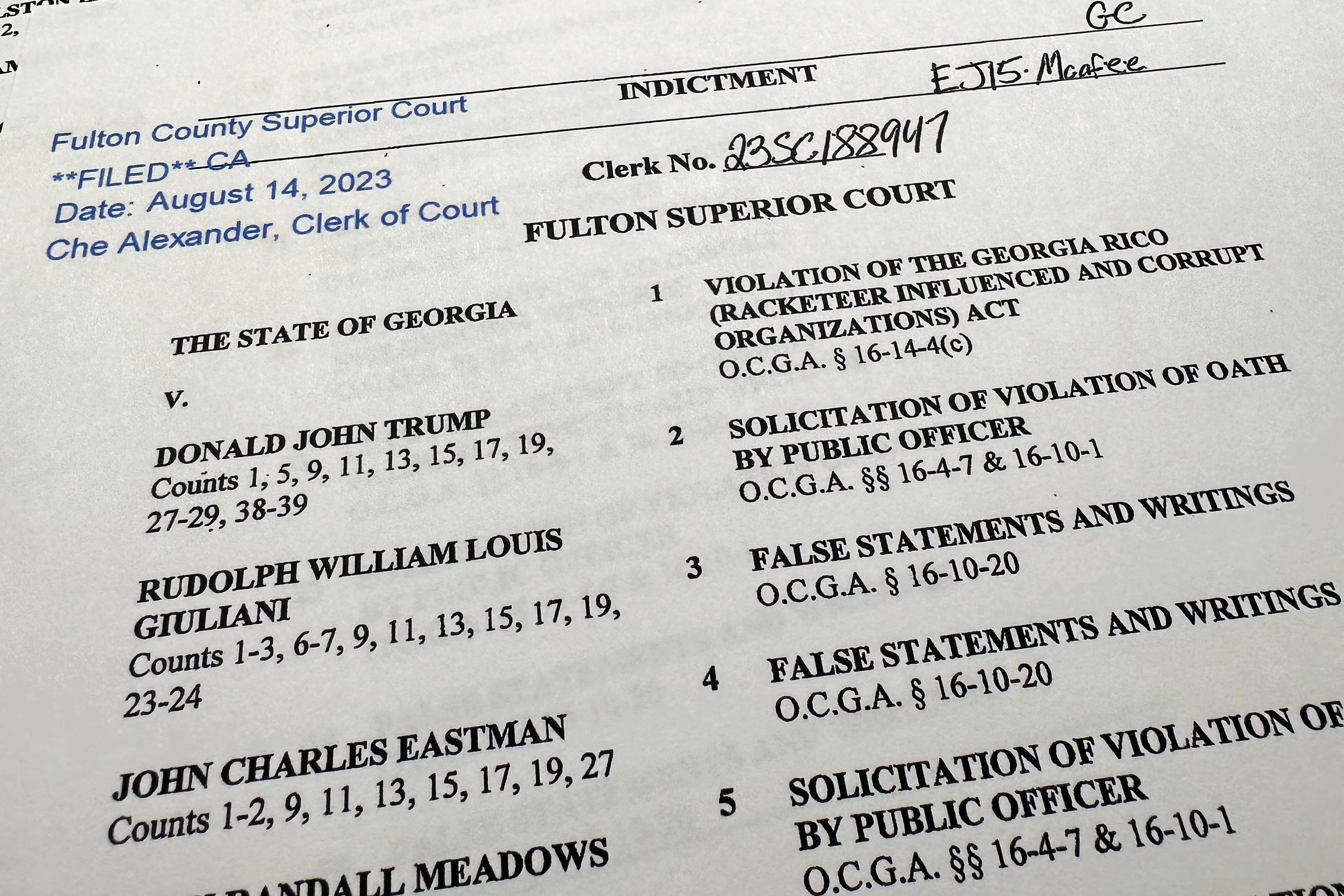 The indictment in Georgia against former President Donald Trump.