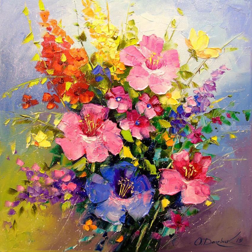 A bouquet of meadow flowers, Paintings, Impressionism, Botanical, Floral, Nature, Canvas, Oil, Painting, By Olha   Vyacheslavovna Darchuk