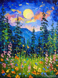 Moonlit Night by the Mountains, Paintings, Expressionism,Fine Art,Impressionism, Botanical,Inspirational,Landscape, Canvas,Oil,Painting, By Olha   Darchuk