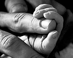 A baby hand grabbing onto an adult's finger