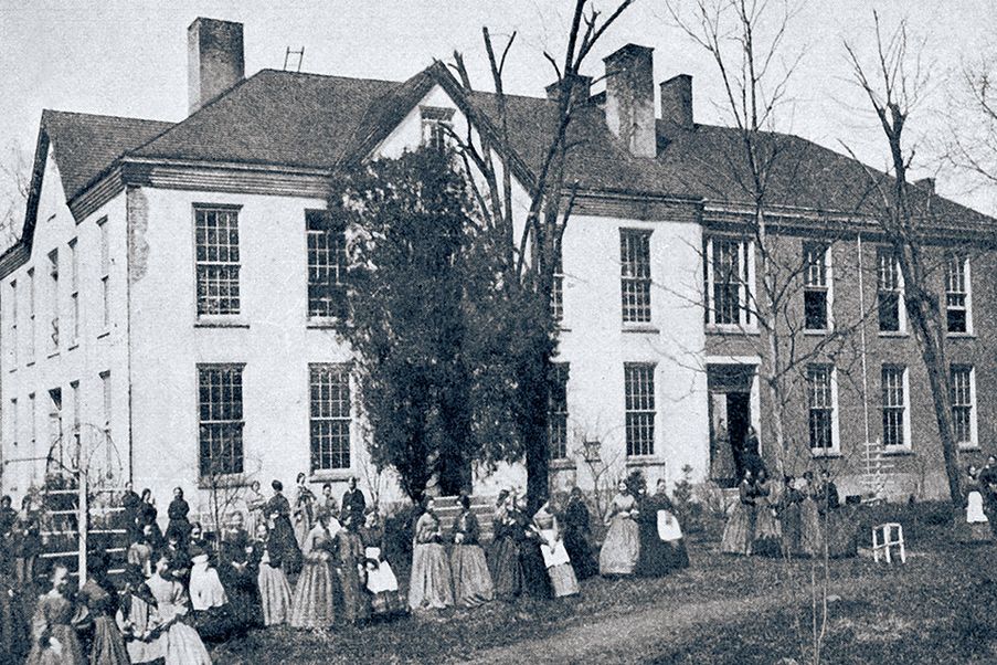 Women outside Ladies Seminary building