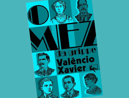 Capa de um livro sobre pandemias “O mez da Grippe” com ilustração de cinco pessoas no tem de azul