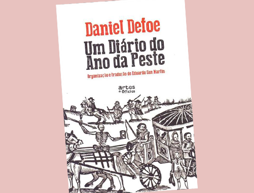 Capa de um livro sobre pandemias “Um diário do ano da peste” com ilustração de homens e esqueletos em carruagem