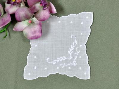 1 Dozen White Linen Cocktail Napkins with Daisy Feathers