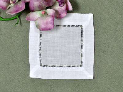 1 Dozen White Hemstitched Linen Cocktail Napkins