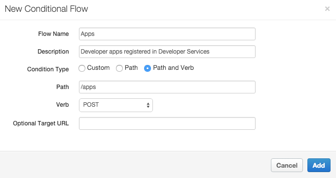 In the New Conditional Flow pane, a flow named Apps is configured with the
    description "Developer apps registered in Developer Services."