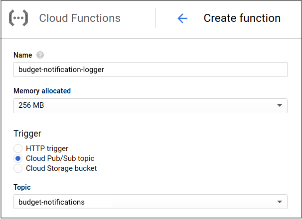 The Create function page in the Cloud Run functions section in the
         Google Cloud console. It includes the function name, amount of memory
         allocated, the type of trigger, and the Pub/Sub topic
         that you configured on your budget.