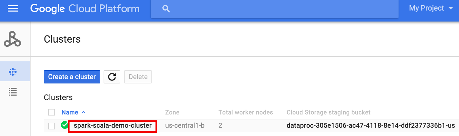 Dataproc clusters page in the Cloud console.