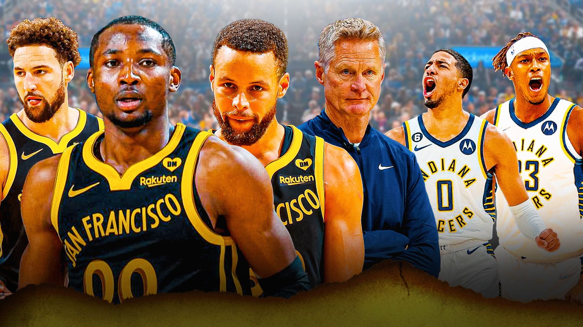 Warriors' Klay Thompson, Jonathan Kuminga, Stephen Curry and Steve Kerr with Pacers' Tyrese Haliburton and Myles Turner