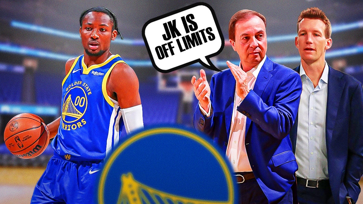 Warriors' Jonathan Kuminga with Mike Dunleavy Jr. and Joe Lacob saying "JK is off limits"