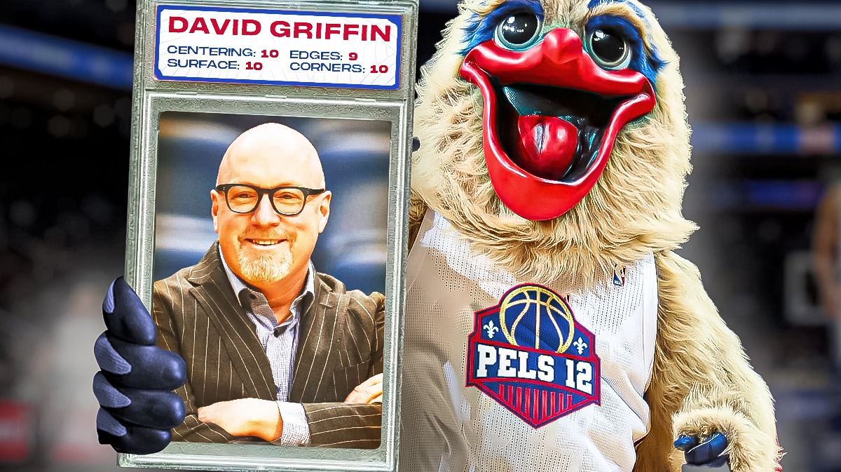 Pelicans mascot holding a David Griffin PSA 10 card