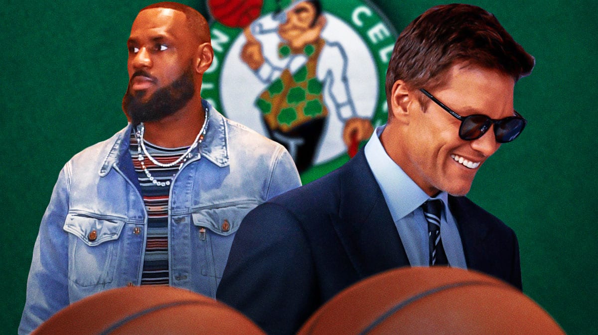 The Boston Celtics logo in between LeBron James and Tom Brady