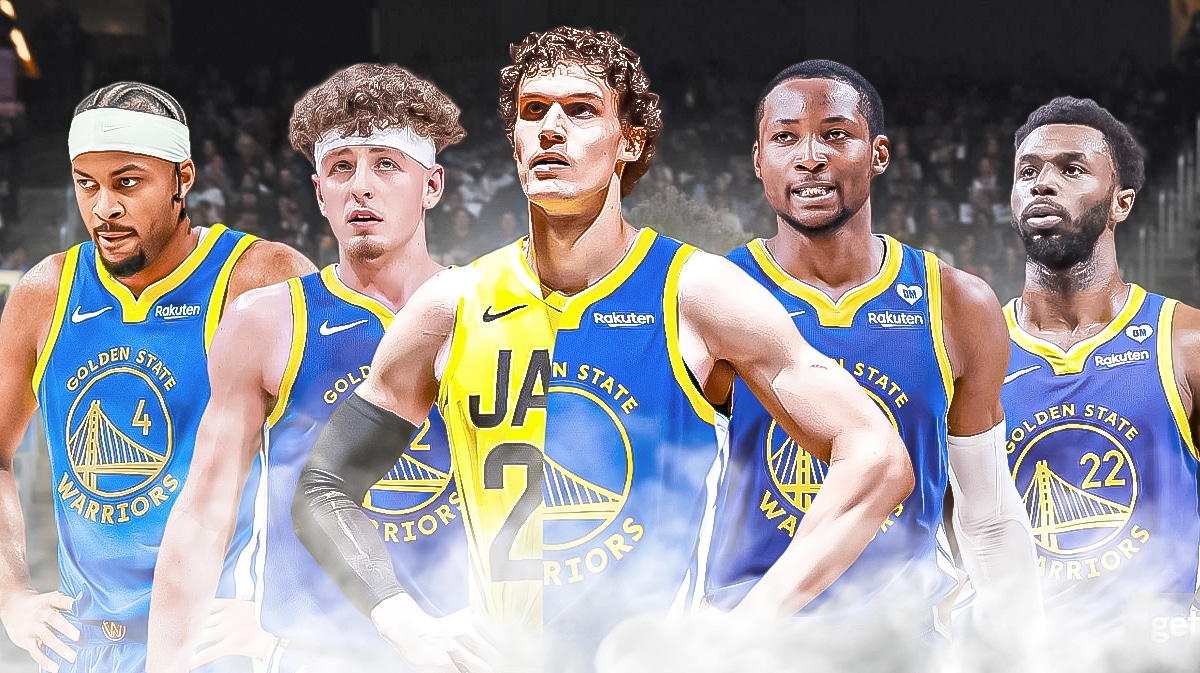 Lauri Markkanen in half Warriors, Jazz jersey next to Bradin Podziemski, Jonathan Kuminga, Andrew Wiggins, and Moses Moody