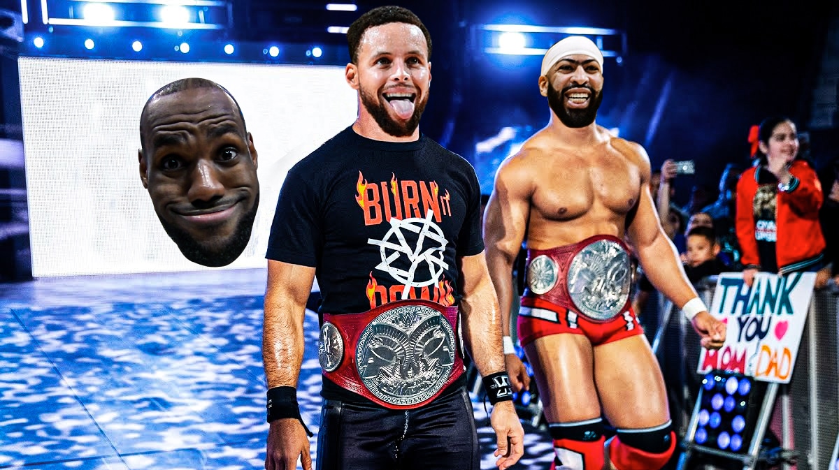 Anthony Davis and Stephen Curry as wrestlers making an entrance