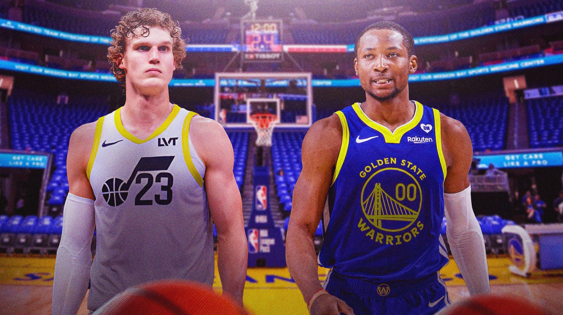 Lauri Markkanen next to Jonathan Kuminga with the Warriors arena behind them.