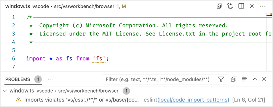 A warning in VS Code informing about a target environment violation