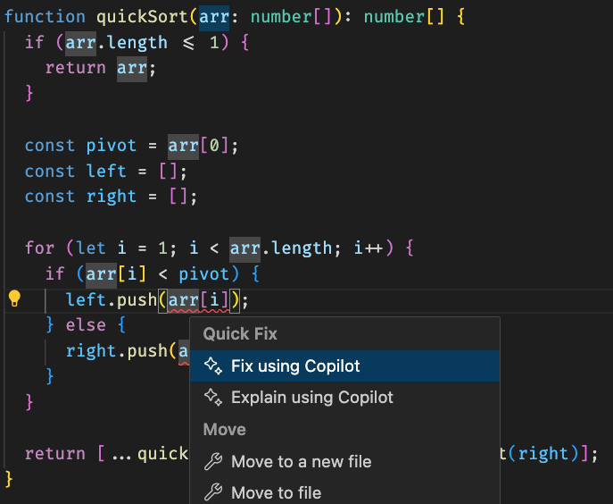 Quick Fix light bulb menu with Fix using Copilot selected