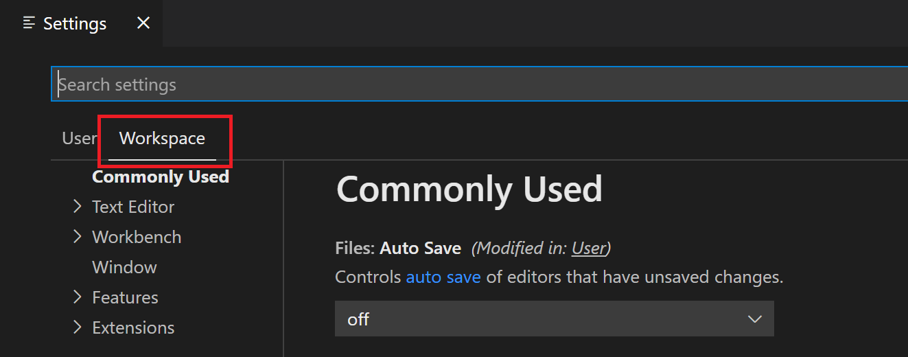 Settings editor with Workspace tab highlighted