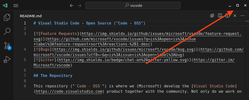 Screenshot of VS Code on Linux, highlighting the Linux window control overlays in the top-right corner.