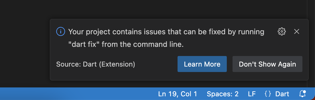 VS Code notification about 'dart fix'