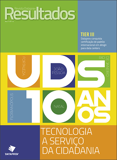 Capa da Revista Resultados, com os dizeres UDs 10 anos - Tecnologia a Serviço da Cidadania nas cores verde, azul, amarelo e laranja