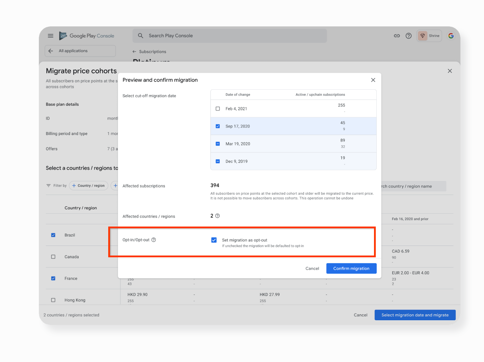 Google Play Console legacy price cohort migration with opt-out increase