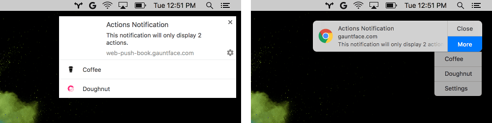 Before and after of notification action buttons with icons displayed by
    Chrome vs. displayed by macOS.