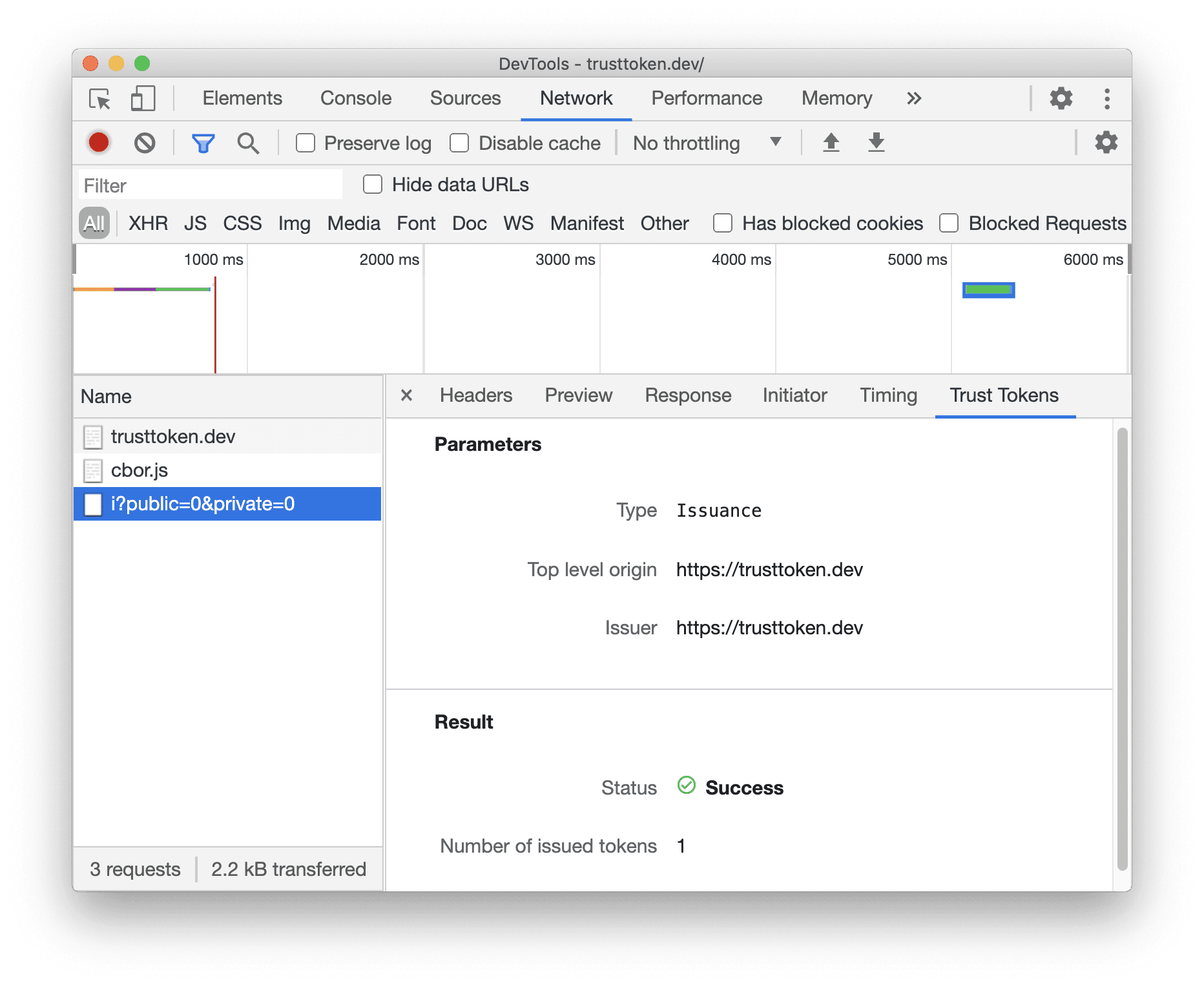 New Trust Token tab for network requests