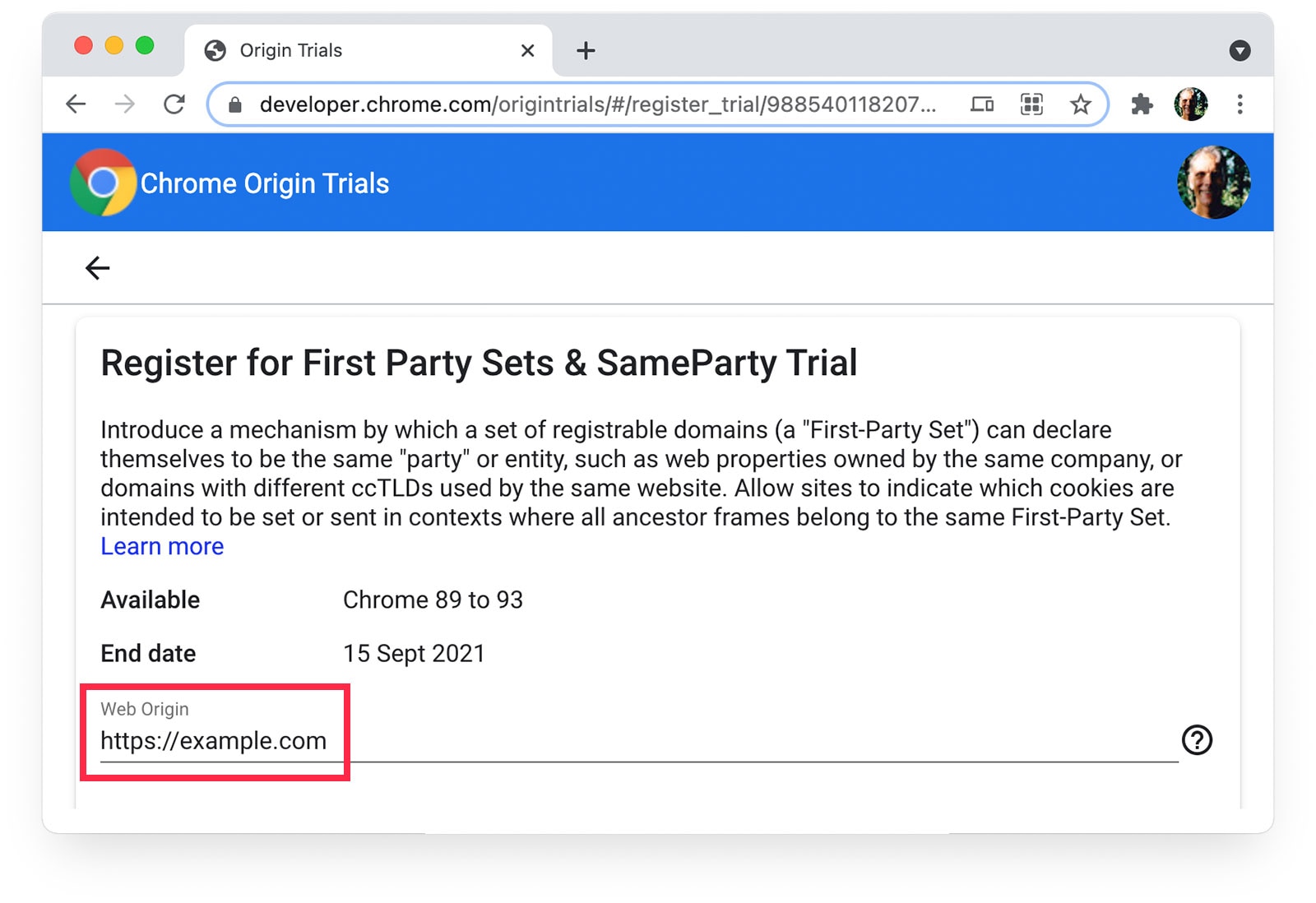 Chrome Origin Trials 
page showing https://example.com selected as Web Origin.