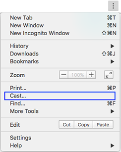 The Chrome menu showing the Cast item highlighted