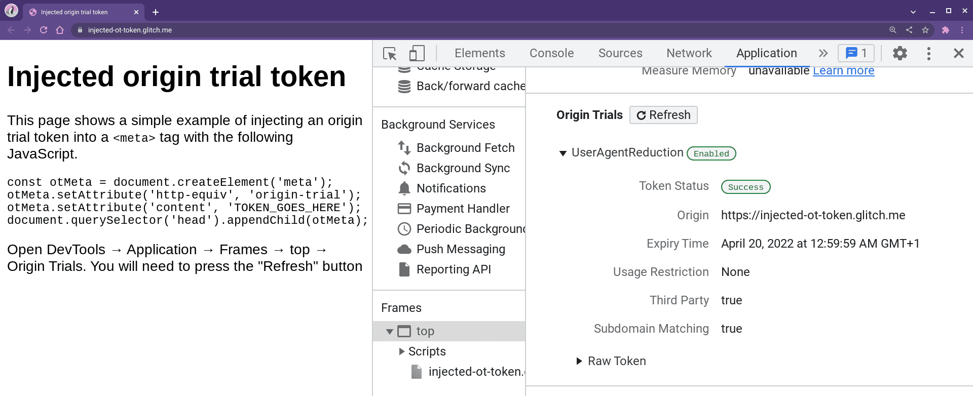 DevTools showing origin trial status under Applications