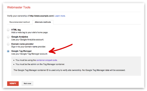 Google Tag Manager shown in the list of supported verification methods