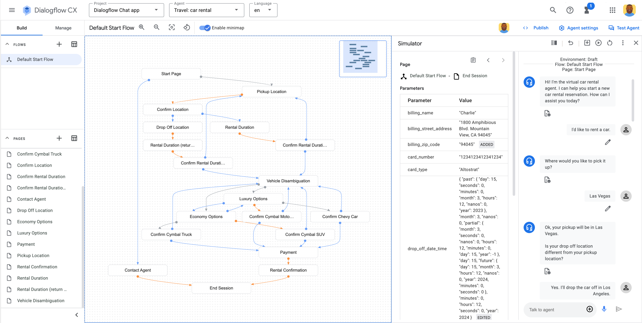 Testing the agent in Dialogflow CX.