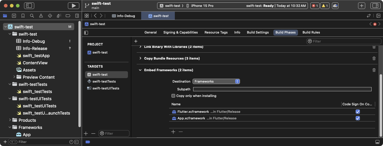 The expanded Embed Frameworks build phase in Xcode