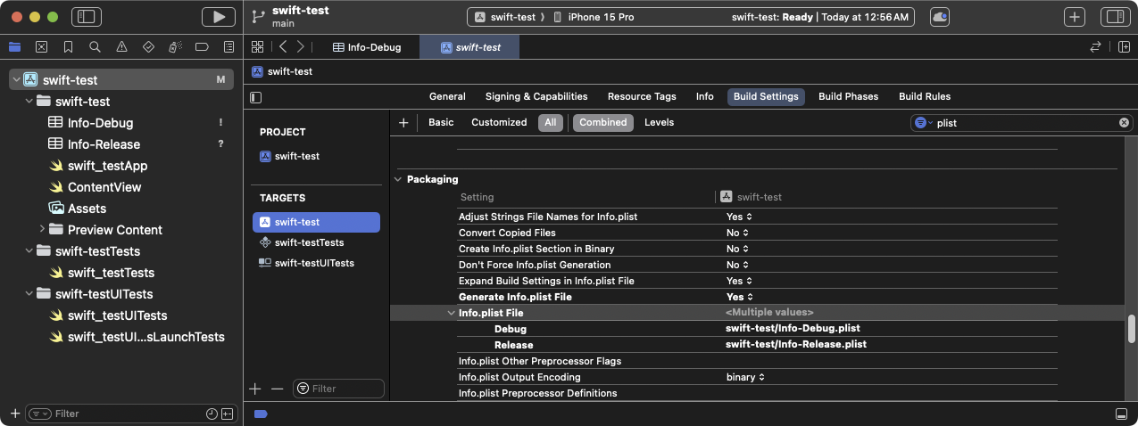 The updated Info.plist File build setting displaying the
configuration variations