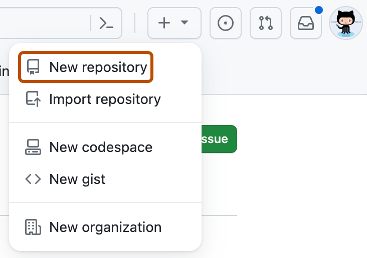 Captura de pantalla del menú desplegable GitHub que muestra las opciones para crear nuevos elementos. El elemento de menú "New repository" está resaltado en naranja oscuro.