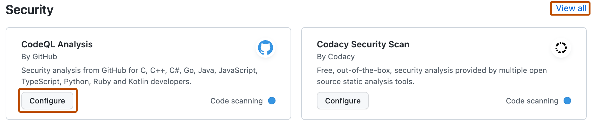 Screenshot of the Security category of starter workflows. The Configure button and "View all" link are highlighted with an orange outline.