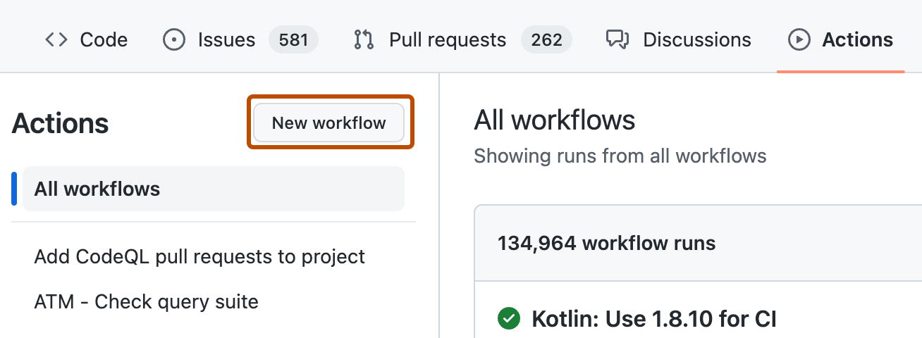 存储库的“操作”选项卡的屏幕截图。 “新建工作流”按钮用深橙色框标出。