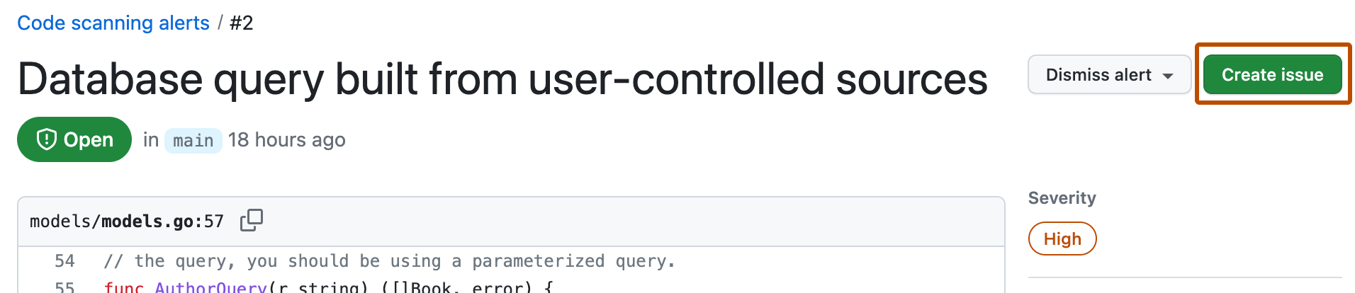 Screenshot of a code scanning alert. The "Create issue" button is outlined in dark orange.